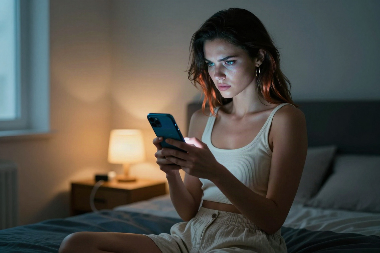 Женщина в тёмной комнате сохраняет улики на смартфоне, освещённая холодным светом экрана